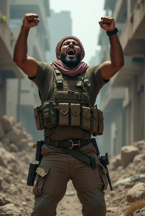 Depicts a Palestinian fighter in full attributes shouting with his hands raised