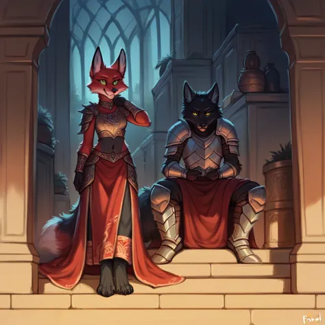 foxovh, score_9, score_8_up, score_7_up, score_6_up, Evil fox with ebony black fur and fuchsia eyes in demonic armor Waiting to start