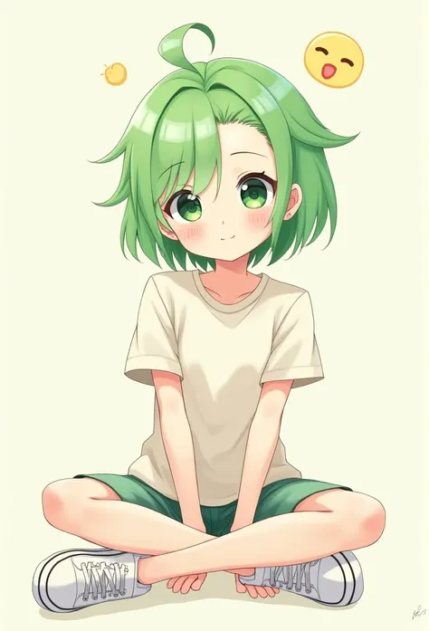 One girl, T-shirt, short sleeves, shorts, sneakers, green hair, one side up, green eyes, cute, :3, sits in the center of the screen, smiling, no background