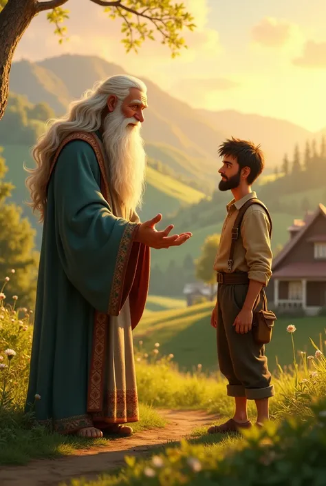 A wise man, with a long beard and a serene expression, approaching the farmer and offering a comforting hand. Pixar style full hd disney