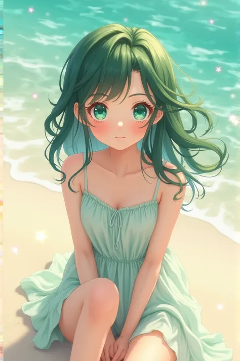 anime girl, green eyes, on the beach
