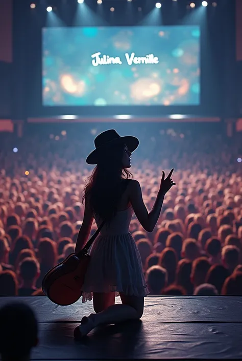 One with a hat and a guitar, kneeling with her hand up on a stage with a screen that says Juliana Vernille, very pretty, with thousands of people listening to her sing 