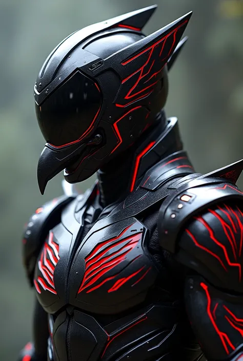 Kamen Rider costume design with the image of an imperial eagle, combined with modern mechanical elements. The main armor is glossy black, dotted with red lines symbolizing claws. The mask has a sharp crow beak shape, integrated with night vision goggles. T...