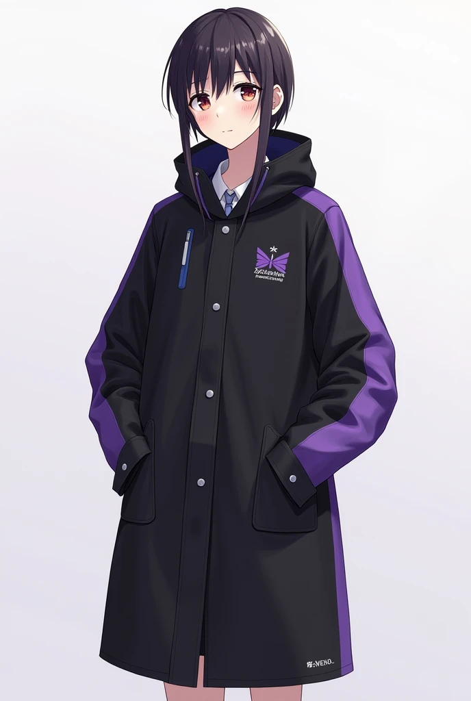 A black and purple cotton raincoat with a simple and elegant design that matches with student uniforms.