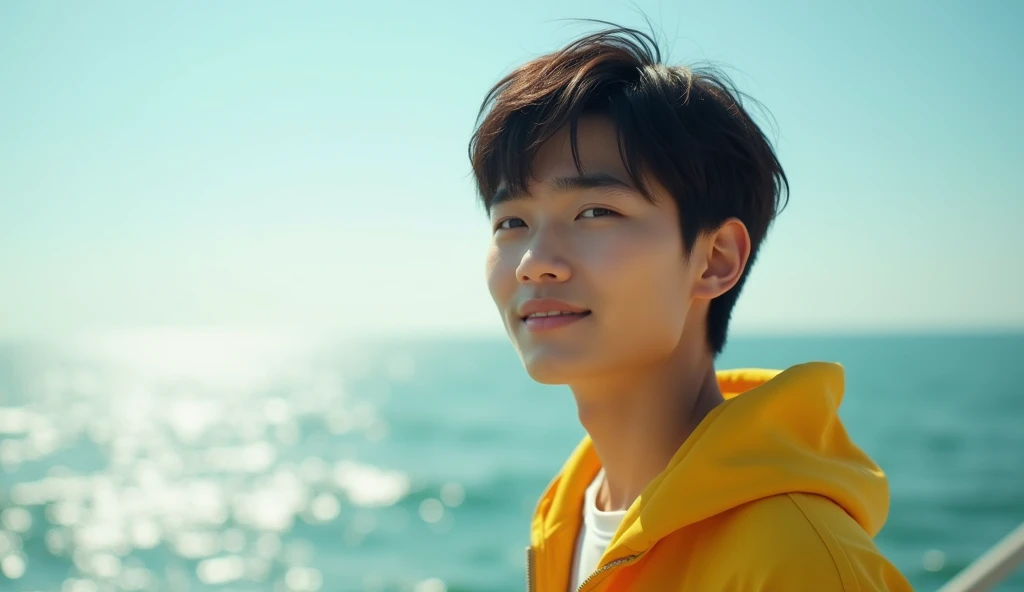 A Japanese male college student with short hair wearing stylish yellow-green clothes is looking into the distance with a bright expression,Excited, Photo of your face, With the sea in the background, with a natural look, With a slightly tired look, tilt yo...