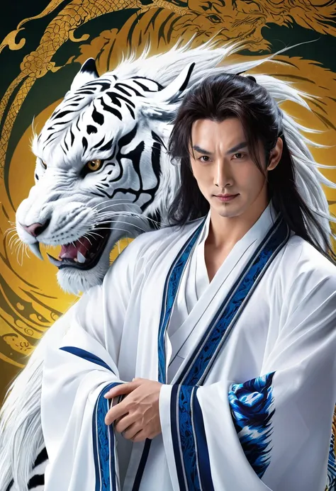 best quality,masterpiece,Ultra-high resolution,photoactual:4：0,Yamagishi,white dragon tiger beast,Teacher spirit,Handsome and handsome,oriental man,long hair shawl,Perfect body,Wearing dragon and tiger jersey,