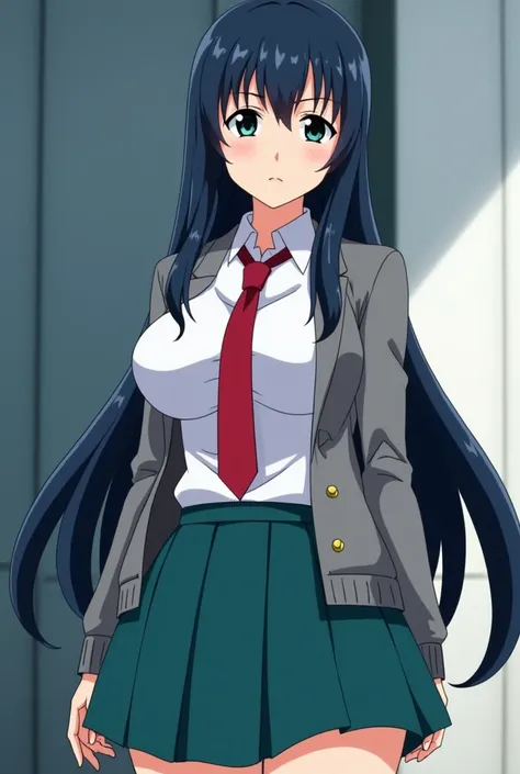 Screenshot of Boku no hero academia Beautiful teenager Long straight hair and dark blue bangs Dark green eyes Upturned nose Thick pink lips Defined jaw and serious features Big breasts and big buttocks Small waist and flat abdomen and wearing a teal skirt ...