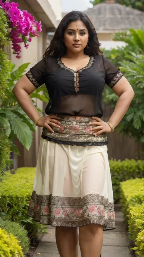 Day scene, A radiant, full-figured South Indian 35 year old aunty a cream colour chiffon mini skirt and black chiffon shirt, standing, in a garden captured in a full-body image with vibrant hues and meticulous details. Full body image