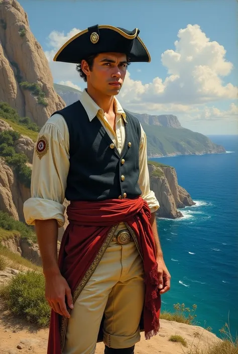 Young Napoleon Bonaparte in Corsican attire, standing on a cliff overlooking the island of Corsica, with the French flag in the distance, symbolizing his future alignment with France.