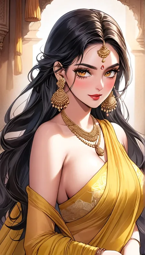 (Comic illustration)Renowned actress at the age of 28 wearing a provocative yellow silk  saree with intricate patterns, braless, tassel earrings, long hair , saggy breasts ,face makeup, beautiful, alluring,long kundan  jhumka earrings , necklace,white skin...