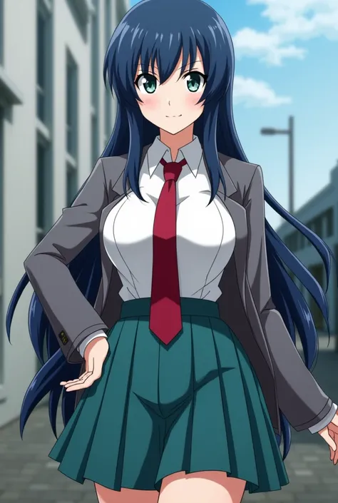 Screenshot of Boku no hero academia Beautiful teenager Long straight hair and bluish black bangs greenish gray eyes upturned nose thick pink lips defined jaw and serious features big breasts and big buttocks small waist and flat abdomen and wearing a teal ...