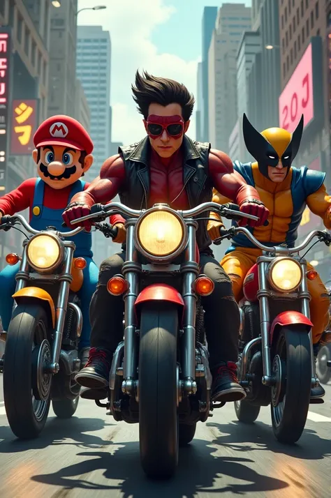 mario bross goku deadpool wolverine on motorcycles gang dressed as rockers walking through the streets