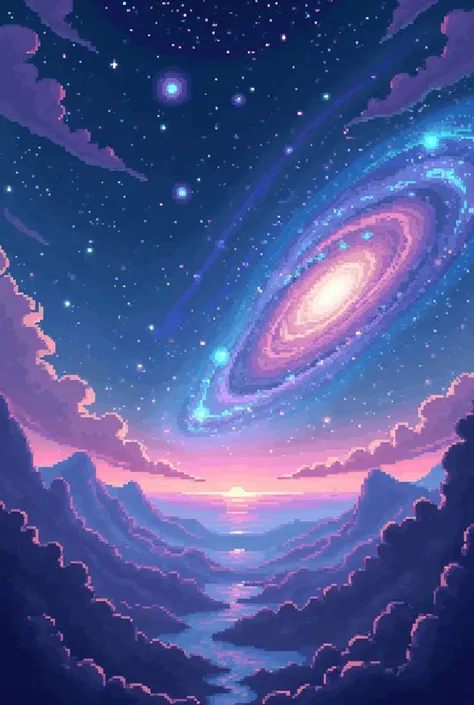 I want to create a space themed youtube cover photo and it has to be chill with a minimum of 1024×576px, maybe a picture of galaxies or beautiful nebulae in pixel game style graphics.