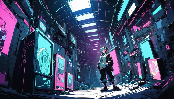 Ultra Wide Angle， Listening to jazz music with headphones、alone、Lofty Girl，Cyberpunk Style，anime， Lo-fi art style、Lofty Girl aesthetic, ghailan、animeの美学、relaxed mood，Lo-fi illustration style，Music Jacket，construction area