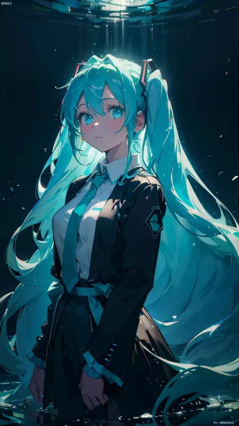 by yoneyama mai hatsune miku, 1girl, long hair, aqua eyes, aqua hair, glowing clothes, upper body, chiaroscuro, Surrealism, cinematic lighting, UHD, high details, best quality, highres, 8k