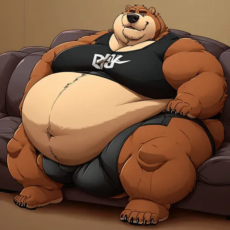 Fat Huge 450 Pounds Daddy Furry Grizzly Bear Big Belly and Large chunky body and wearing Black Shorts and sitting on the sofa His Belly is Bigger, Huge, fat, Chunky, and Furry