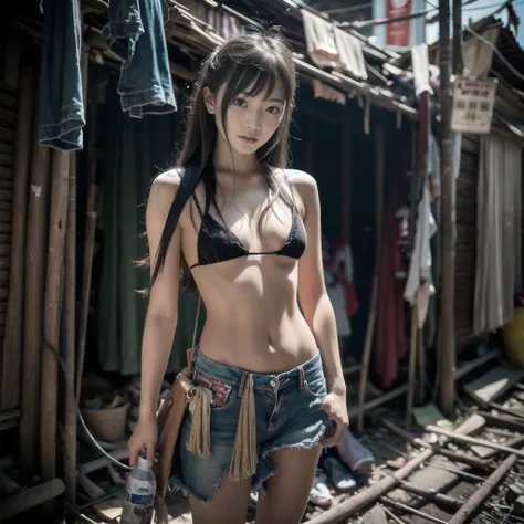 Very detailed cute、very small nose、Abandoned slums，Sexy standing pose，Full body portrait 1.1，18 years old girls，lean and slender body，As thin as a whipping post，The barefoot，Random nudity all over the body，Random exposure of genitals，facing to audience