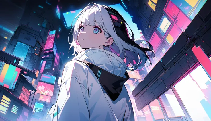 A near-future cyberpunk world.
Places like Kowloon Walled City.
Looking up at my in-laws.
I am looking at the back of.
It&#39;s rain and thunder.
Low air temperature.

Her hairstyle is short and white.
The color is deep white.
Shade the whole.
More colorfu...