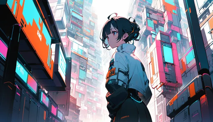 A near-future cyberpunk world.
Places like Kowloon Walled City.
Looking up at my in-laws.
I am looking at the back of.
It&#39;s rain and thunder.
Low air temperature.

Her hairstyle is short and white.
The color is deep white.
Shade the whole.
More colorfu...