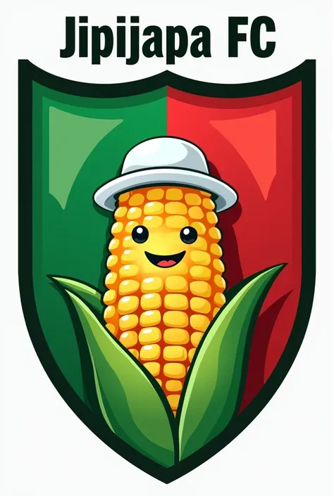 I want a soccer shield with the name ( JIPIJAPA FC ) at the top of the shield, with green and red colors on the inside, that has in the middle a small corncob with a happy face and a white hat 