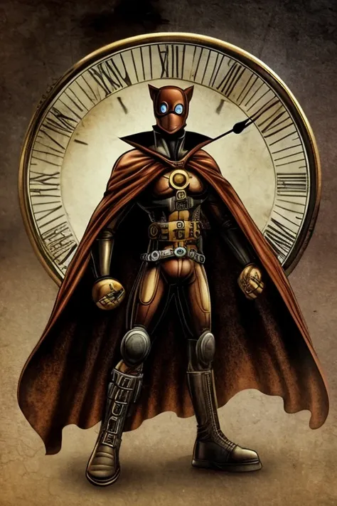 Superhero wearing a cape, with a clock for a head, Steampunk