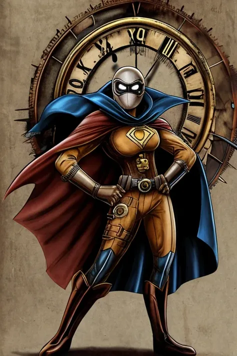 Superhero wearing a cape, with a clock for a head, Steampunk