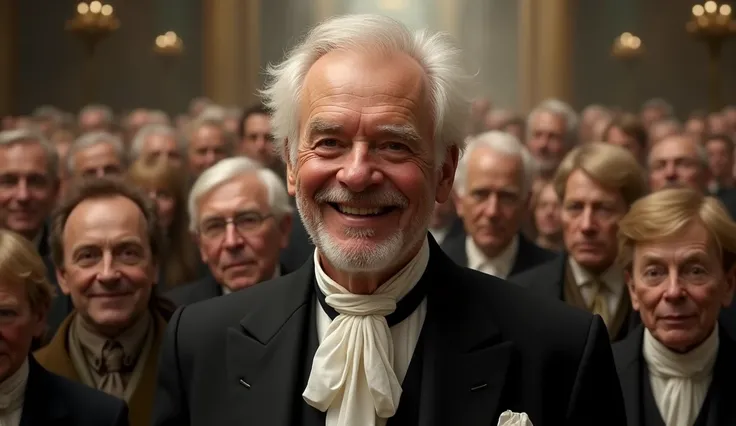 There is an old man who is wearing a black suit and white shirt, his hair is fair and scattered and he is smiling, there are 20 people behind him, in which people have fair hair.