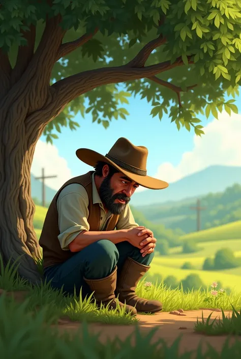 The sad poor farmer sitting and crying under the tree pixar style full hd disney