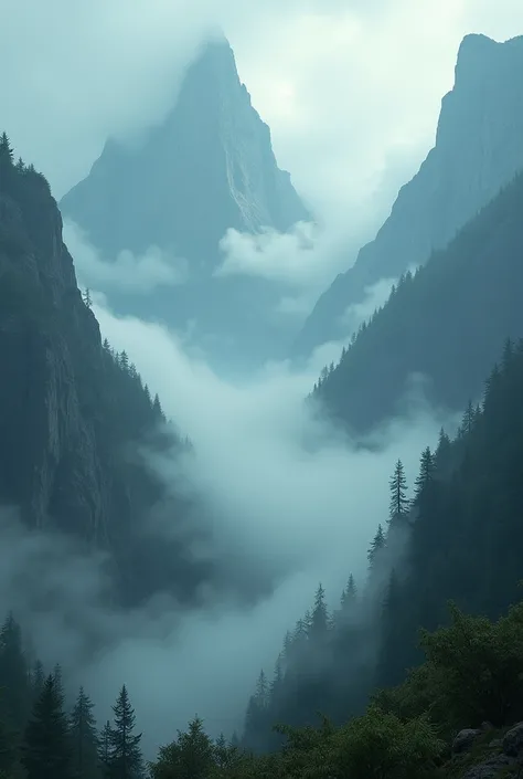 mystical landscape, that looks like Harry Potter, in the heights, with mountains and fog, that it looks edited and looks like a Photoshop job with cuts of several images