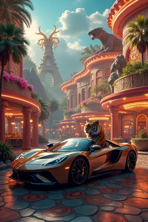 Put a casino in the zoo, put more animals in, put a dragon and a tiger in, put a tiger in a sports car