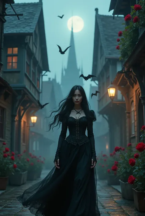 gothic art, dark fantasy art, a picture of a woman walking in a gothic style street at night, medieval street (1.4 intricate details, Masterpiece, best quality) at night (1.4 intricate details, Masterpiece, best quality), several buildings (1.4 intricate d...