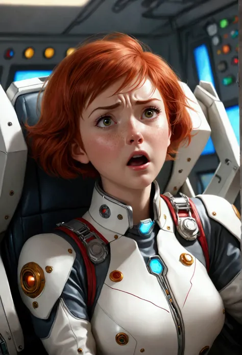 absurd resolution, high resolution, (work of art: 1.4), hiper-detalhe, 1 young, Short red hair, pilot suit, rich princess, sitting in an extremely narrow and closed mecha control room, scared expression crying open mouth call (1.3), in the sky