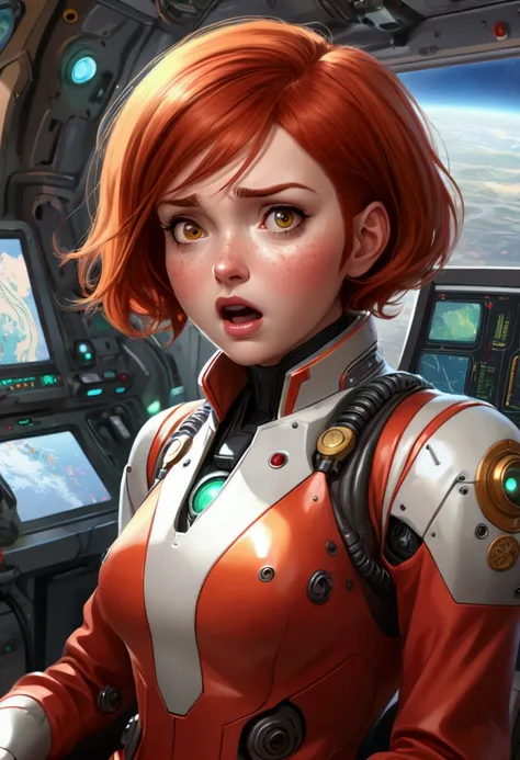 absurd resolution, high resolution, (work of art: 1.4), hiper-detalhe, 1 young, Short red hair, pilot suit, rich princess, sitting in an extremely narrow and closed mecha control room, scared expression crying open mouth call (1.3), in the sky