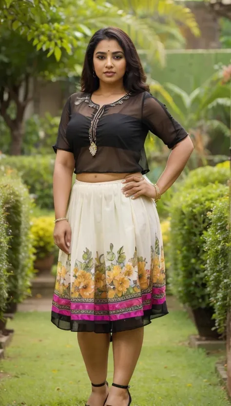 Day scene, A radiant, full-figured South Indian 35 year old aunty a cream colour chiffon mini skirt and black chiffon shirt, standing, in a garden captured in a full-body image with vibrant hues and meticulous details. Full body image