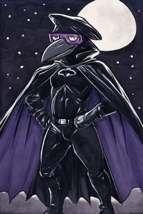 Anthropomorphic crow, wearing a mask, wearing protective glasses, wearing a black superhero costume, wearing cape, at night