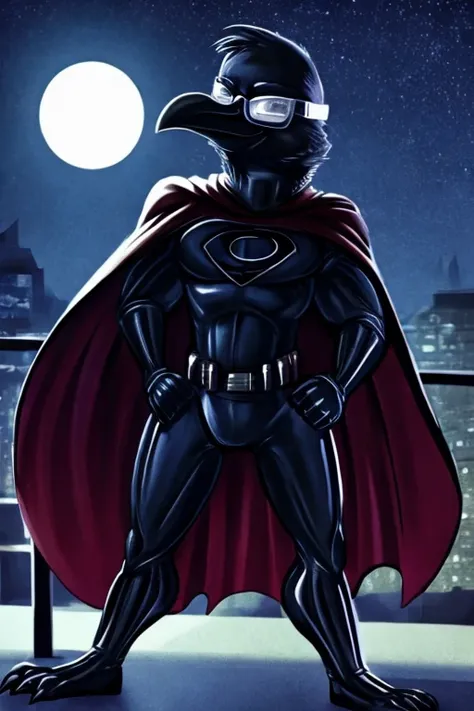 Anthropomorphic crow, wearing a mask, wearing protective glasses, wearing a black superhero costume, wearing cape, at night