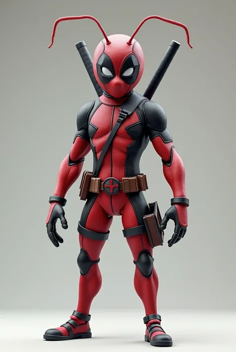 A 3d ant wearing a deadpool siut
