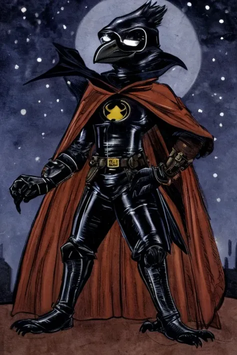 Anthropomorphic crow, wearing a mask, wearing protective glasses, wearing a black superhero costume, wearing cape, at night, Steampunk