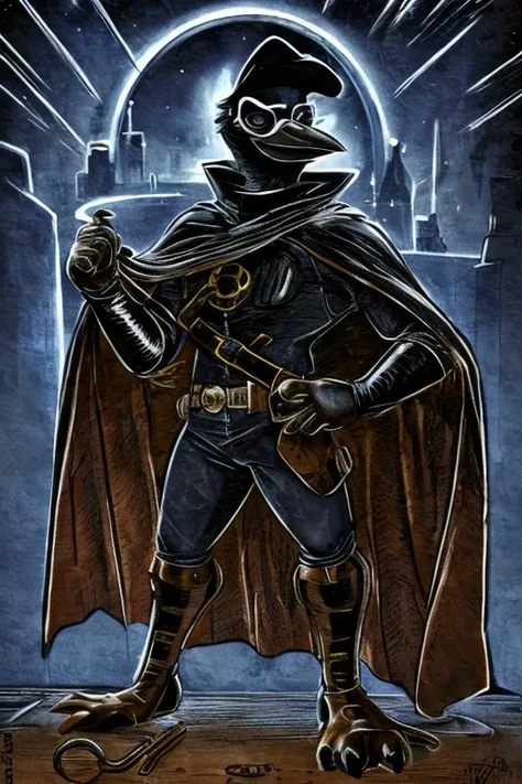 Anthropomorphic crow, wearing a mask, wearing protective glasses, wearing a black superhero costume, wearing cape, at night, Steampunk