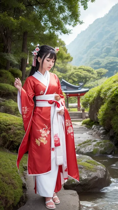 a Shinto deity Inari, gentle demeanor, surrounded by foxes, traditional elegant robes, red and white color scheme, sacred torii gate, lush verdant forest, (best quality,4k,8k,highres,masterpiece:1.2),ultra-detailed,(realistic,photorealistic,photo-realistic...