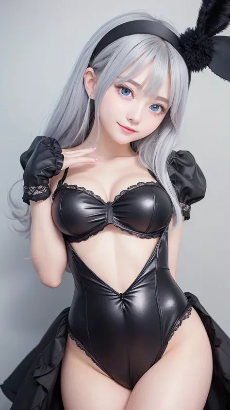 Big eyes、G Cup、blue eyes、beautifulくびれ、beautiful、20-year-old、Black Bunny Girl Costume、Naughty pose、Silver Hair、９Head to Body、smile、Straight perm