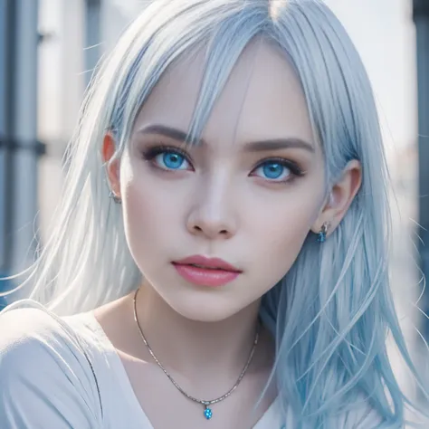 A girl with white hair, light blue eyes, pale skin