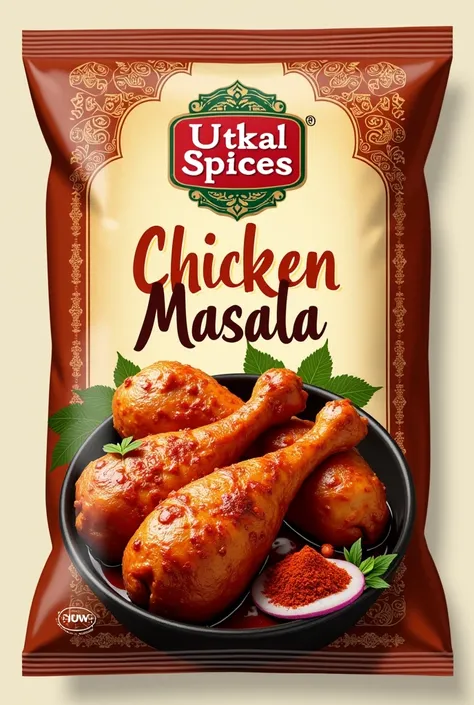 Make a packet design of brand name " Utkal Spices "and product name "Chicken Masala" with chicken Masala leg pieces as indian brand 
 no other languages text will uses