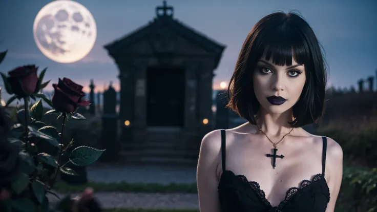 Generate a hyper-realistic image that employs the shallow depth of field technique, Head and sholders portrait to highlight a pretty goth girl wearing a gothic dress, ((cut hair with fringe)), at ((night in a creepy cemitery)) setting, (((under the moonlig...