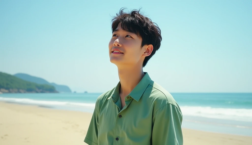 A male Japanese college student wearing a green shirt is standing on the beach with a bright expression and looking into the distance,Excited, Photo of your face, At the beach, with a natural look, With a slightly tired look, tilt your face a little, Diago...