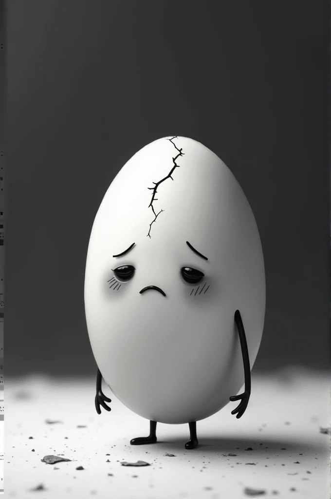 An image of a sad little egg in color on a black and white background