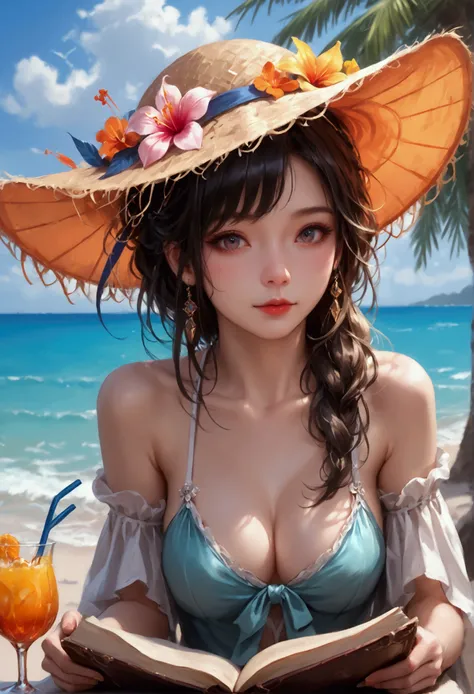 a picture of a mature woman reading a book on the beach during summer vacation, a beautiful mature woman, dynamic hair color, dynamic hair style, dynamic skin complexion, reading a book at the beach, wearing light dress, beach at summer time, (exotic cockt...