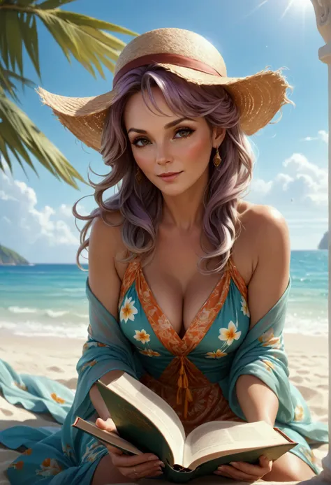 a picture of a mature woman reading a book on the beach during summer vacation, a beautiful mature woman, dynamic hair color, dynamic hair style, dynamic skin complexion, reading a book at the beach, wearing light dress, beach at summer time, (exotic cockt...