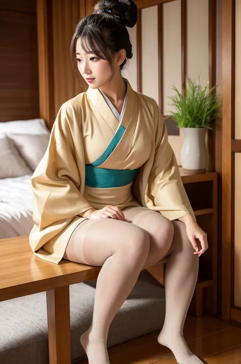 kimono　slit　Beauty　Beige pantyhose　Topknot