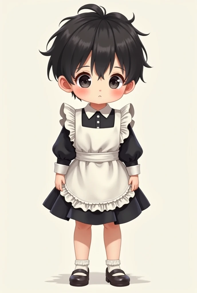 A white-skinned, black-haired Asian boy wearing a maid outfit